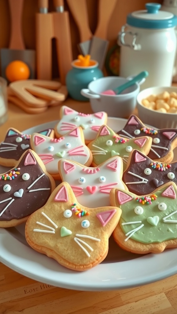 A plate of decorated cat-shaped cookies with colorful icing and sprinkles.